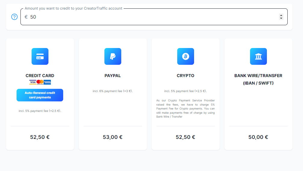 Payment options on CreatorTraffic