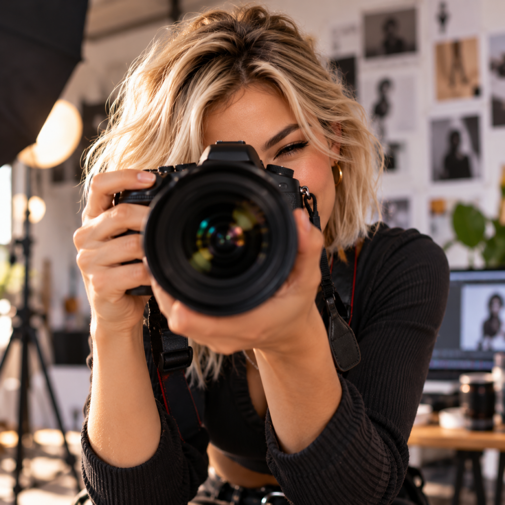 OnlyFans for Artists: A Practical Guide to Building a Paid Art Page 2 Fotografin mit Kamera im Studio - CreatorTraffic.com